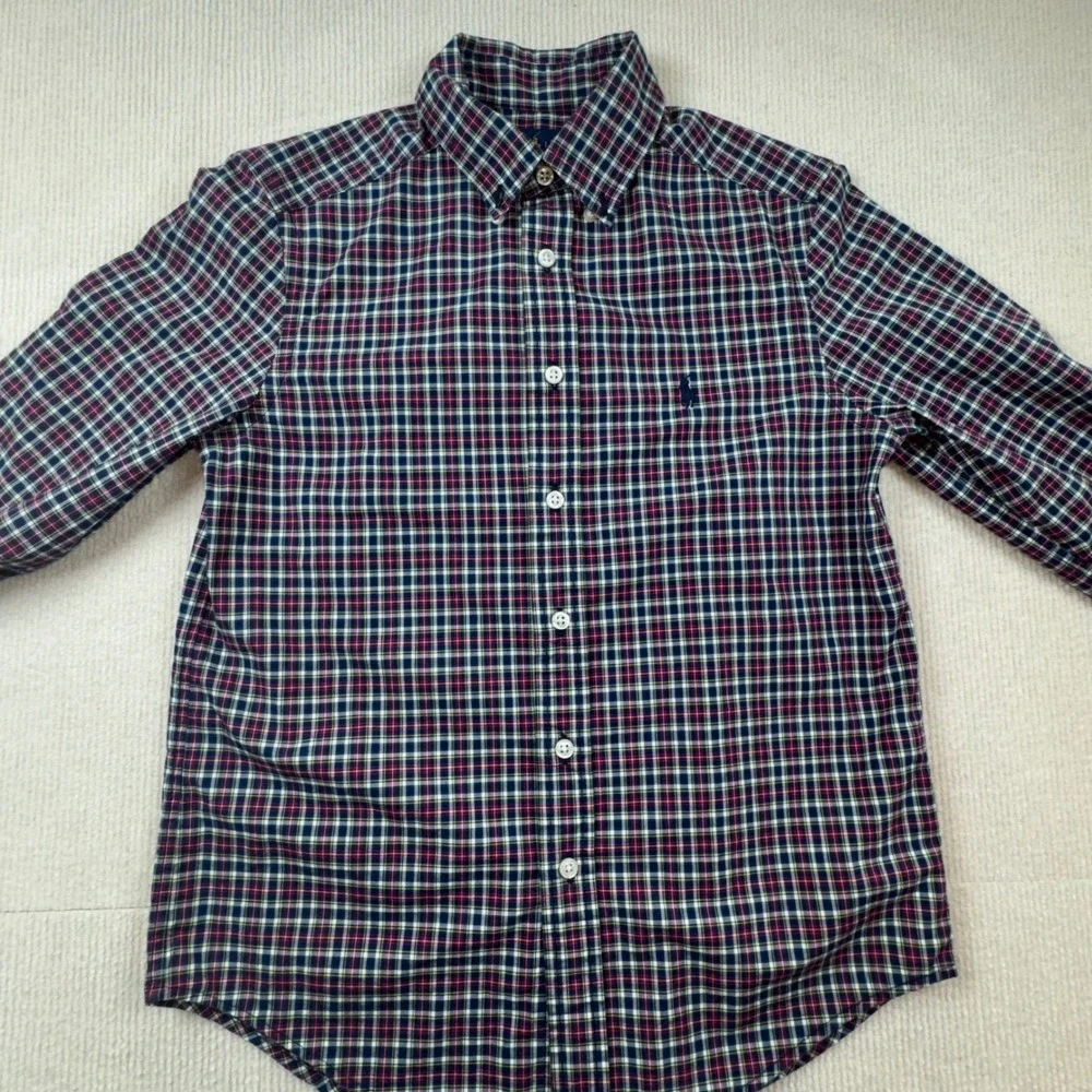 Ralph Lauren Button Down Shirt Boys M‎ 10-12 Navy Red Plaid Natural Stretch Logo